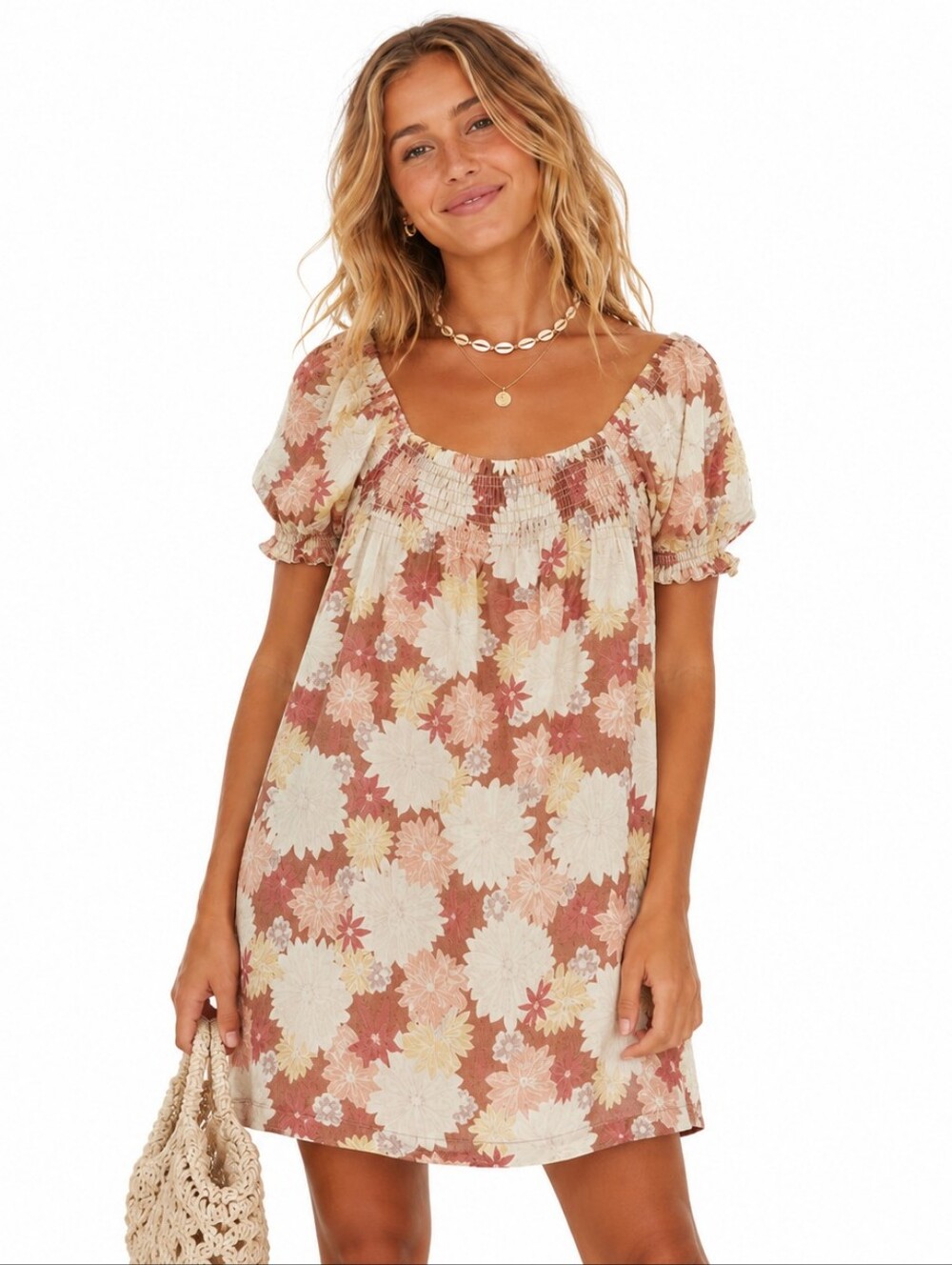 Faherty Ramona Smocked Organic Cotton Dress S Puff Sleeve Floral Babydoll